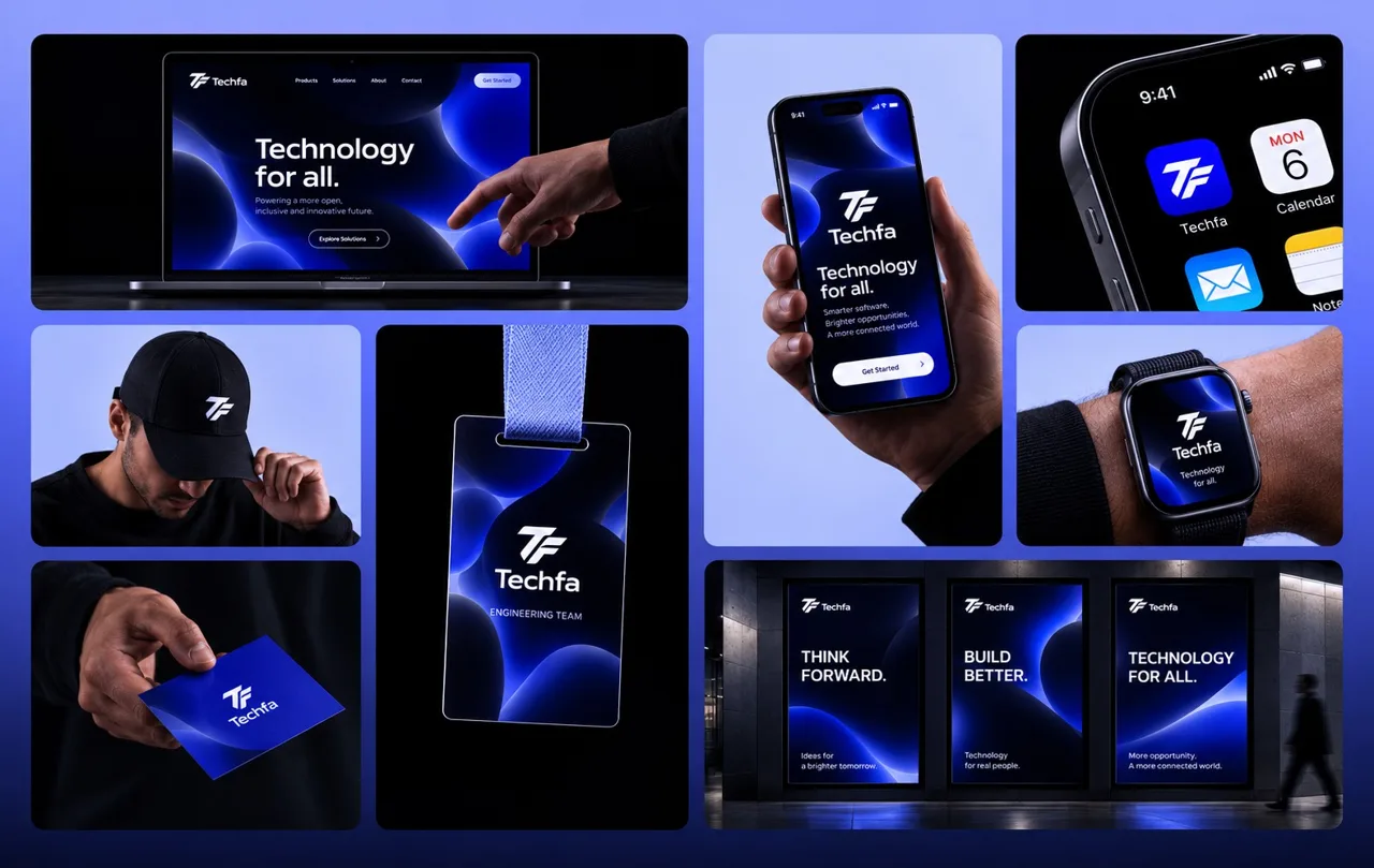 techfa brand identity across digital devices and physical applications
